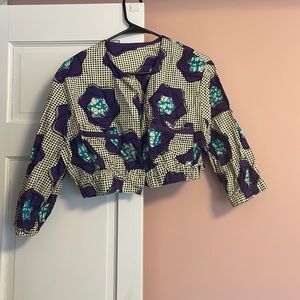 Open front purple and blue design and black polka dot jacket/blazer